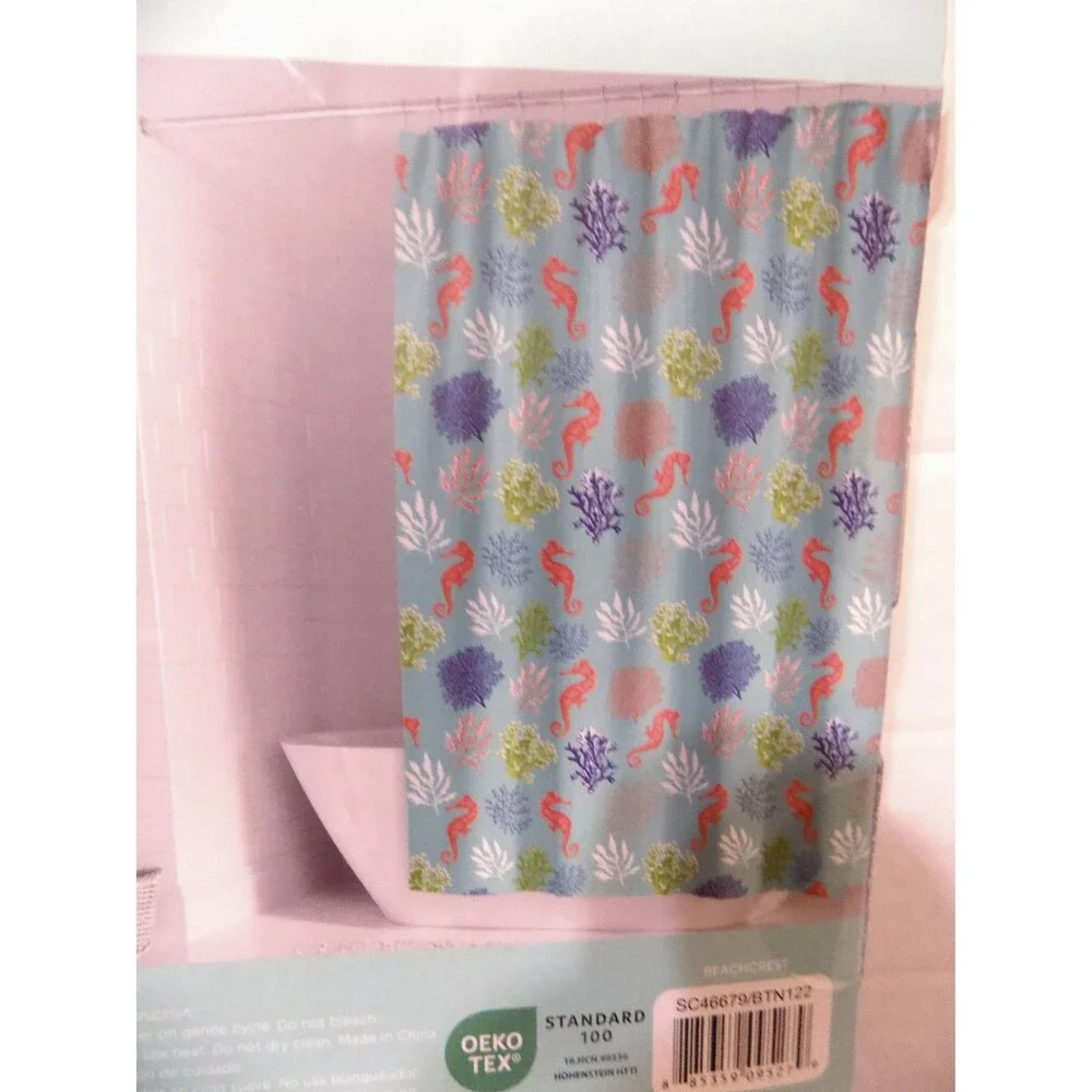 NEW Fabric Sea Horses Fish Shower Curtain Florida Home By: Coastal Luxe